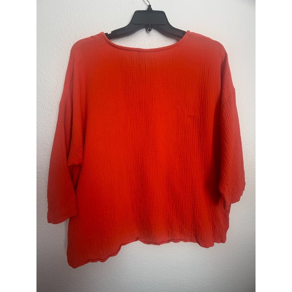 Jones & Co Top Womens 1X Orange Crinkled Cotton 3/4 Sleeves Dual Pocket Front - Picture 2 of 6